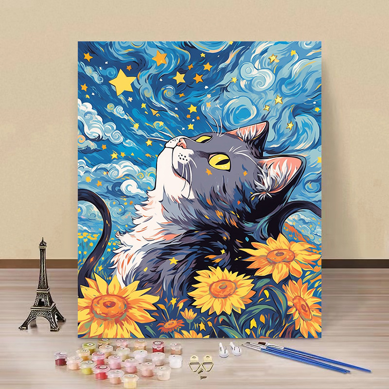 Pintura por números “Gato Estrellado” — arte DIY de fábrica al por mayor, estilo Van Gogh, flores y paisajes hechos a mano