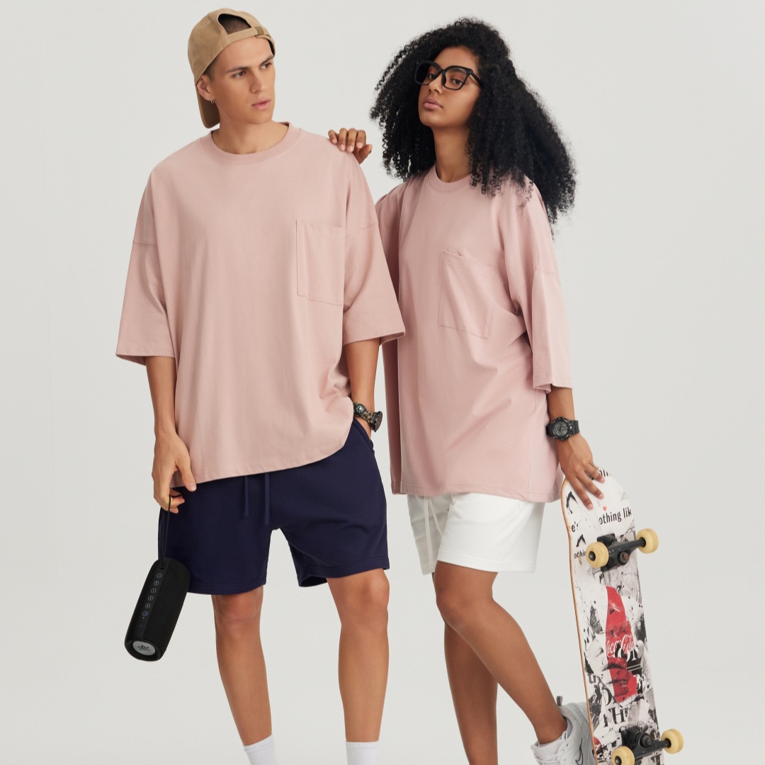 Ropa de hombre LVLV | Algodón pesado transfronterizo ancho fuera del hombro Bolsillo de manga de 5 puntos High Street Camiseta de marca de moda de comercio exterior ancho T