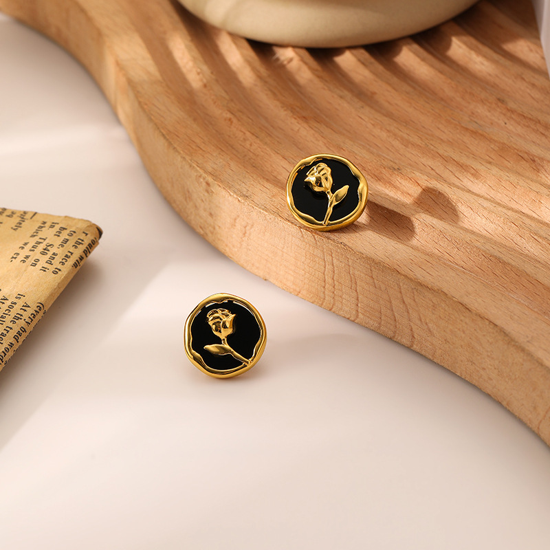 法式复古圆形虎眼石玫瑰花耳钉925时尚个性简约轻奢耳饰女优雅