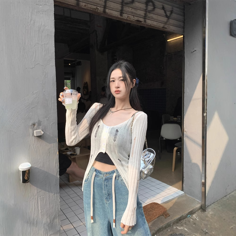 Pure Desire Style Lattice Hole Knit Cardigan for Women, Early Autumn Sexy Irregular Splicing Open-Front Short-Sleeve Top