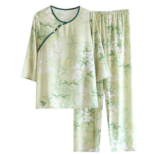 National Style Cotton Silk Belt Chest Pad Pajamas Women's Spring and Summer New Chinese Style Mid-Sleeve Trousers Artificial Cotton Thin Home Clothes suit