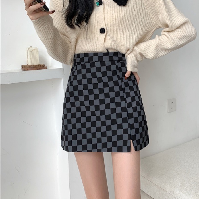 Spring, autumn and winter retro chessboard plaid skirt high waist slimming design sense niche temperament sheath slimming A- line skirt