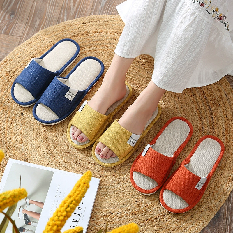 Весенне-летние однотонные льняные тапочки Four Seasons с открытым носком для домашней пары Утолщенные Нескользящие домашние тапочки для мужчин и женщин