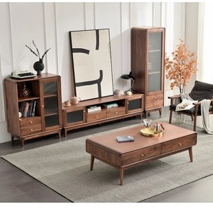 North American Black Walnut TV Cabinet Coffee Table Combination Nordic All Solid Wood Living Room Side Cabinet Cherry Wood High and Low Cabinet Combination