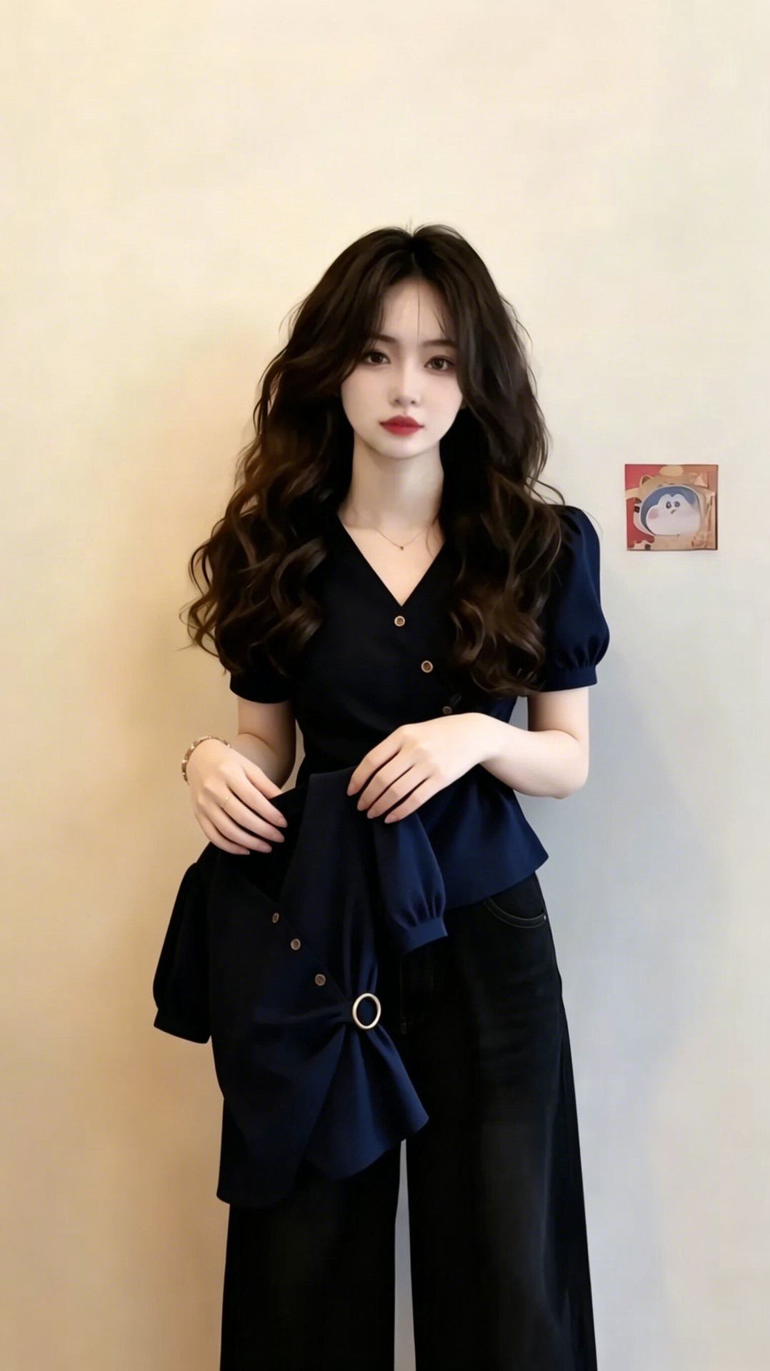 Áo sơ mi nữ cổ V tay ngắn thiết kế thời trang ôm dáng A1208 — Xanh lông mòng đen chi tiết 3