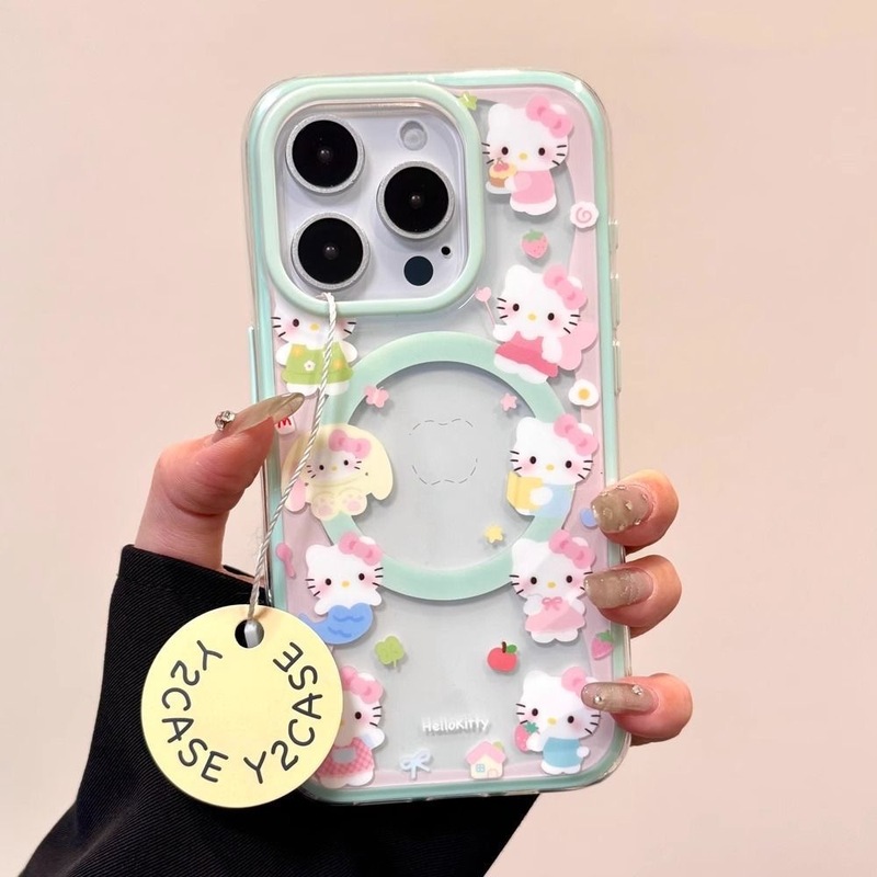 シェイクピンクとグリーンのキティ、磁気スタンド付き Apple 16promax 携帯電話ケース 15/14 ソフト 13 女性 12 に適しています|undefined