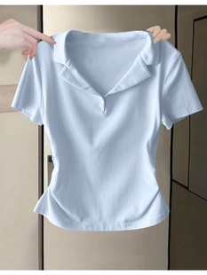Milk Blue Polo Shirt Short-Sleeved Right Shoulder T-Shirt 2025 New Women's V-Neck Top Niche Slim Waist Half-Sleeved Short Style