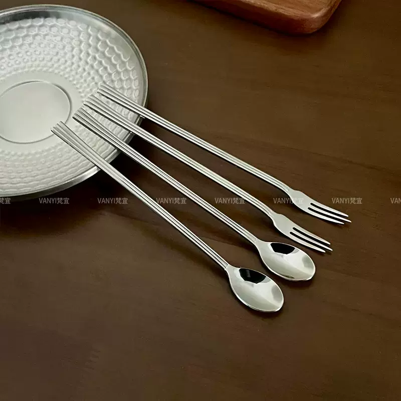 304不锈钢咖啡勺搅拌勺杯子用迷你勺子精致复古长柄水果甜品叉子