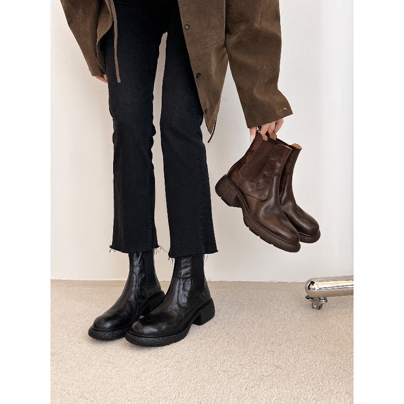 Full Genuine Leather Washed Cowhide Distressed Chelsea Boots for Women British Style Boots Thick Heel Ankle Chimney Short Boots Autumn
