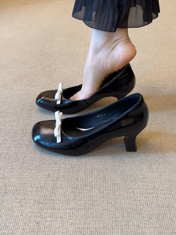 羊皮~法式单鞋女粗跟蝴蝶结红色工作鞋子绝美不累脚高跟玛丽珍鞋|undefined