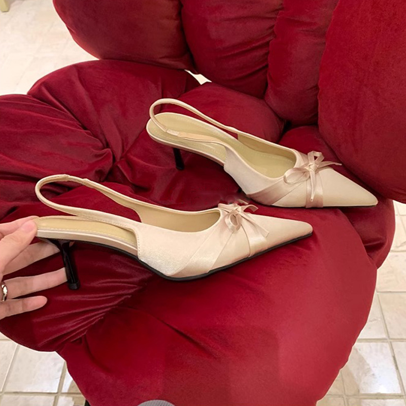 Sandalias de cabeza puntiaguda francesa de Grape Mom muestran la longitud de la pierna 7cm, sandalias de espalda puntiagudas con lazo de satén de tacón pequeño