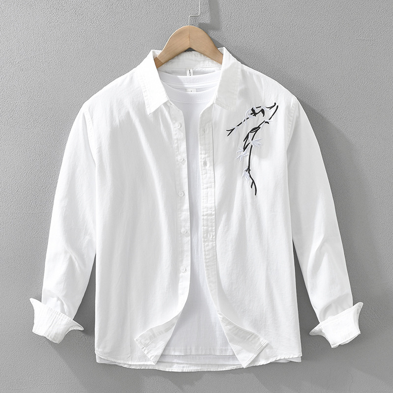 7389 Men's Trendy Chinese Style Embroidered Long Sleeve Shirt New Casual Versatile Artistic Loose Top One Piece Dropshipping