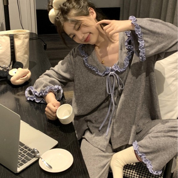 Korean Ins Women's Korean Plaid Splicing Terry Cloth Pajamas Set Simple and Comfortable Casual Loose Home Clothes