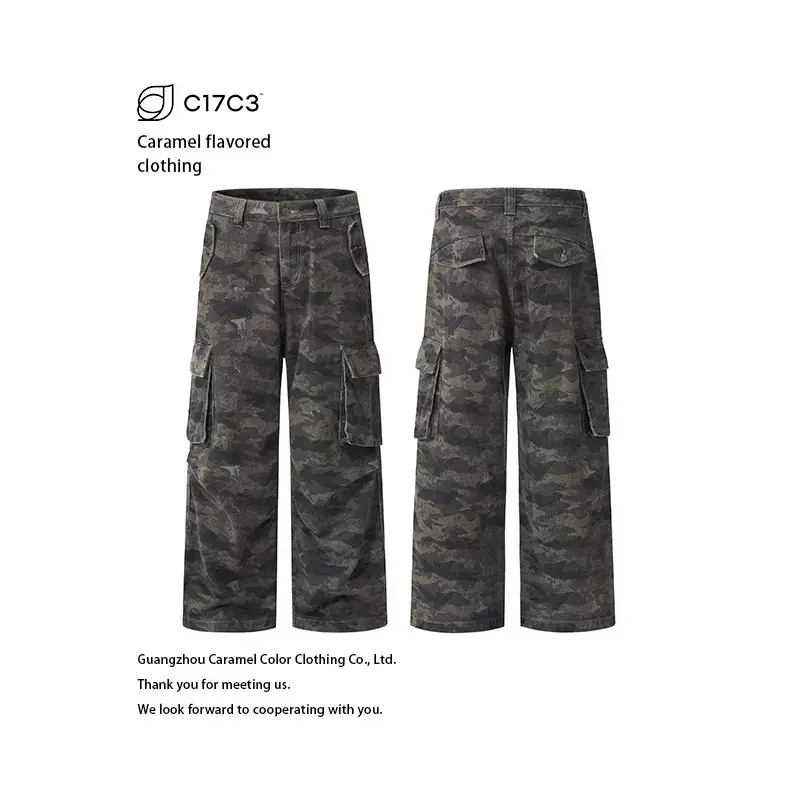 Caramel中性 美式复古迷彩工装裤高街设计感直筒牛仔长裤立体口袋
