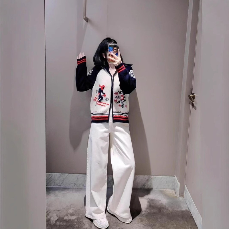 Fairland Lapel Ski Jacquard Loose Casual All-match Knitted Jacket Women's 2024 Autumn and Winter New Turtleneck Sweater