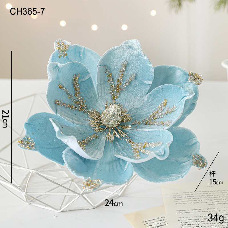 新品24CM粘粉植绒圣诞花玉兰花高档轻奢布艺圣诞节装饰品仿真花|undefined