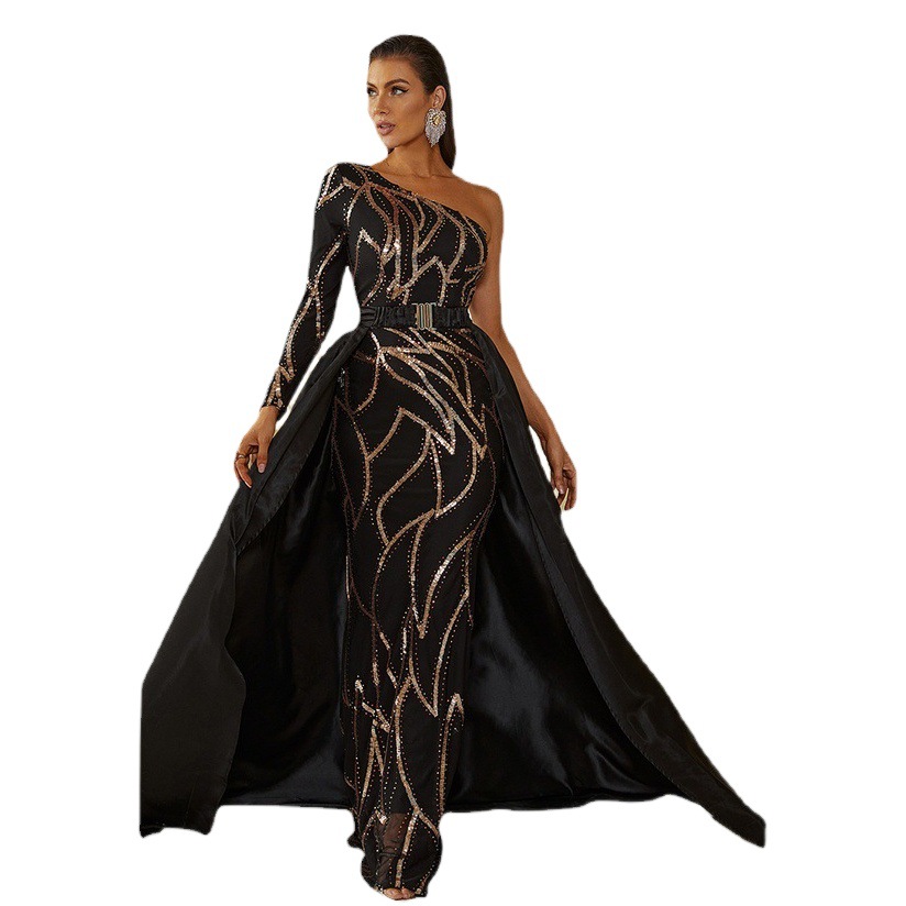 Amazon transfronterizo europeo y americano elegante Banquete de un solo hombro manga larga cabo pequeño trailing vestido de dama de honor vestido de noche vestido de las mujeres