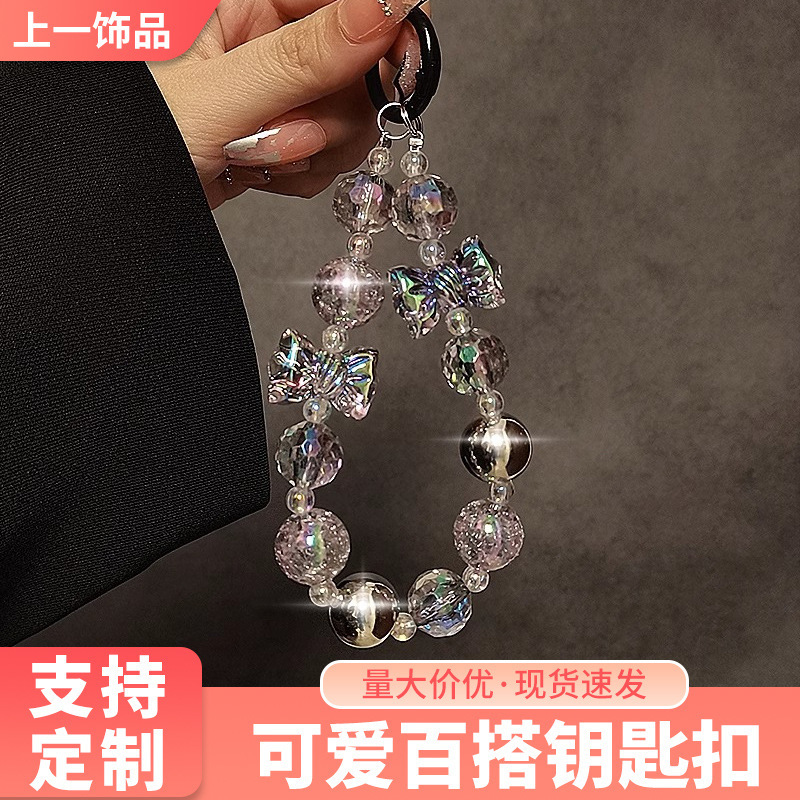 Distinctive Creative Bow Beads Portable Chain Wrist Short Lanyard with Clip Mobile Phone Case Bag Key Pendant