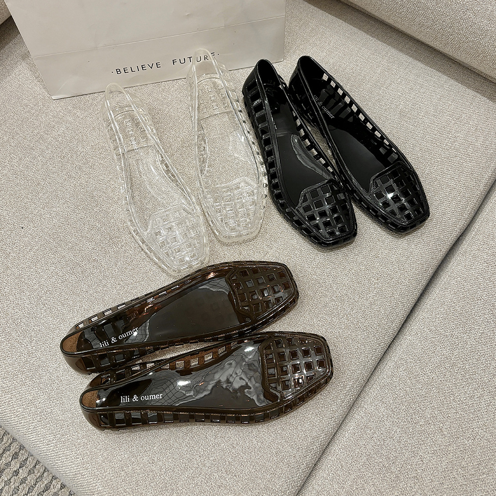 Korean jelly shoes shallow mouth single shoes crystal pvc outdoor casual square-toe sandals lazy people dance shoes