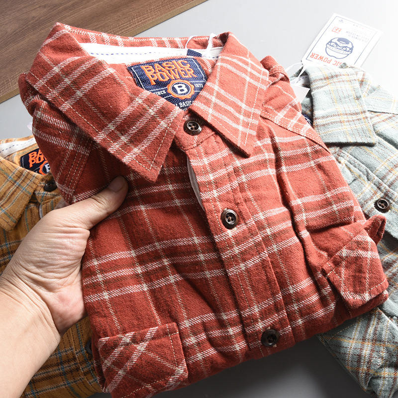 Chao Brand HK Order! Cotton Scrub Flannel Plaid Shirt Men's Autumn Hong Kong Style Warm Long Sleeve Shirt