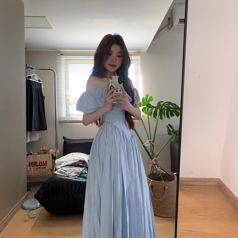 Blue Lotus Leaf Sleeve One-Shoulder Dress for Women 2025 Summer New Style French Retro Style Elegant Waist Long Skirt Versatile