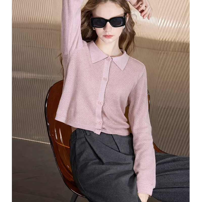 Polo Long-Sleeved Single-Breasted Linen Light Pink Knitted Cardigan for Women 2026 Early Spring New Style Versatile Fashionable Top Polo Long-Sleeved Single-Breasted Linen Light Pink Knitted Cardigan for Women 2026 Early Spring New Style Versatile Fashionable Top