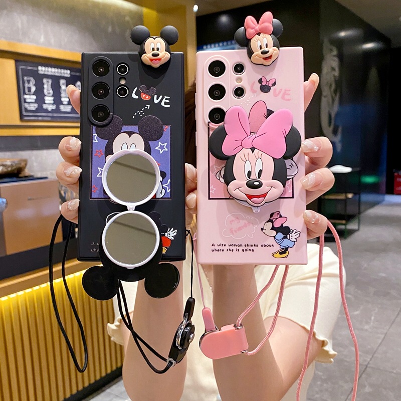 For Samsung S23ultra phone case NOTE20 lie prone Minnie Mickey A52S mirror bracket A36 lanyard