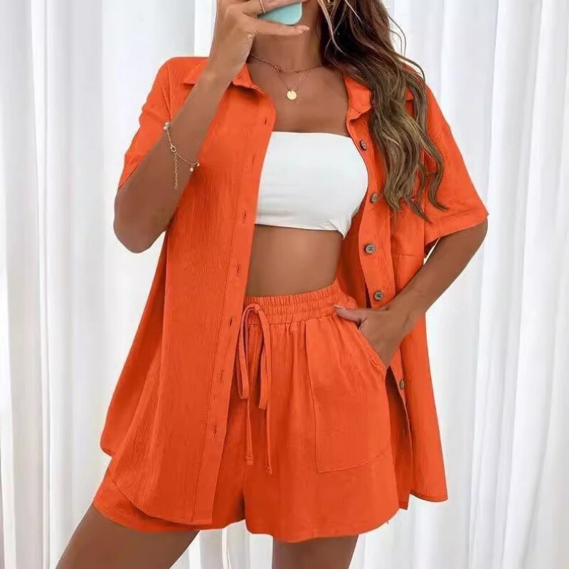 2026 In-Stock Cross-Border Aliexpress Fashion Shorts Two-Piece Solid Color Shirt Set for Women Casual Loose Short-Sleeve Single-Breasted 2026 In-Stock Cross-Border Aliexpress Fashion Shorts Two-Piece Solid Color Shirt Set for Women Casual Loose Short-Sleeve Single-Breasted