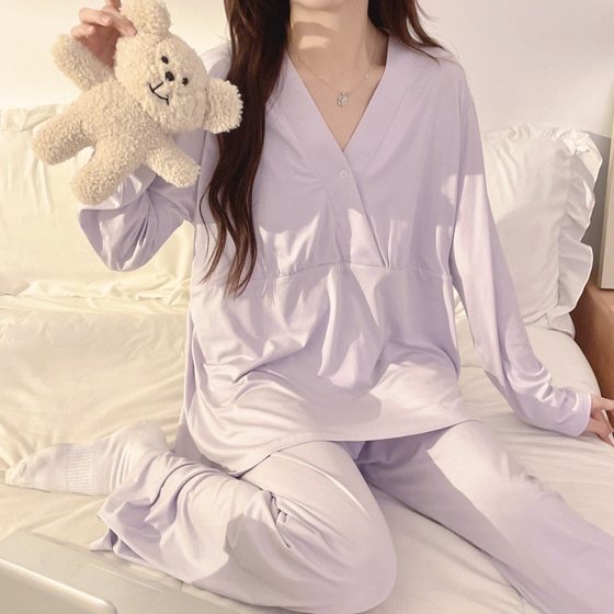 Pregnant Women's Pajamas with Chest Pad Long-sleeved Home Clothes suit Spring and Summer Prenatal and Postpartum Nursing Modal Moon Clothes suit