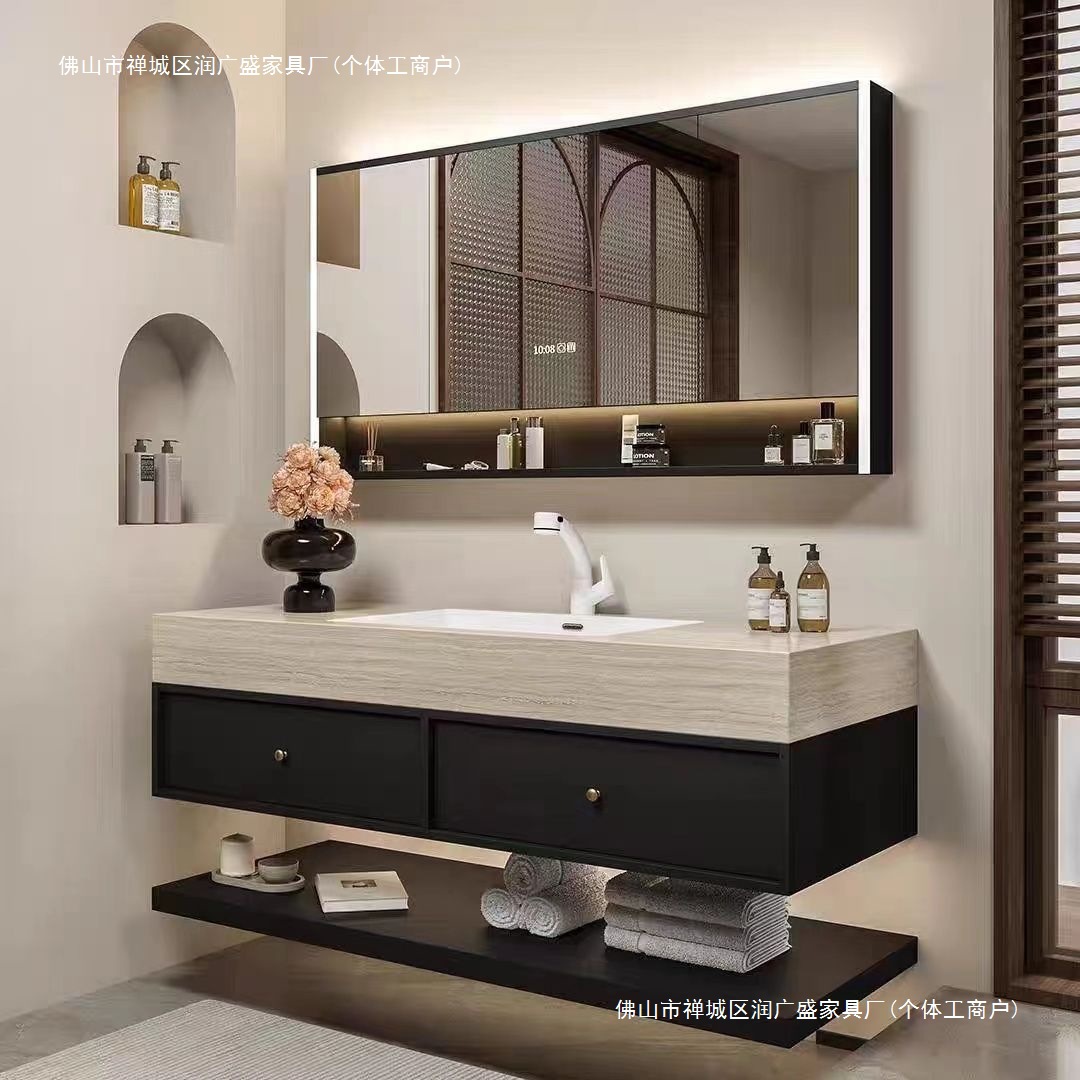 Run Guangsheng Vintage-Style Seamless Integrated Bathroom Cabinet with Washbasin and Sink Set in Natural Wood Style