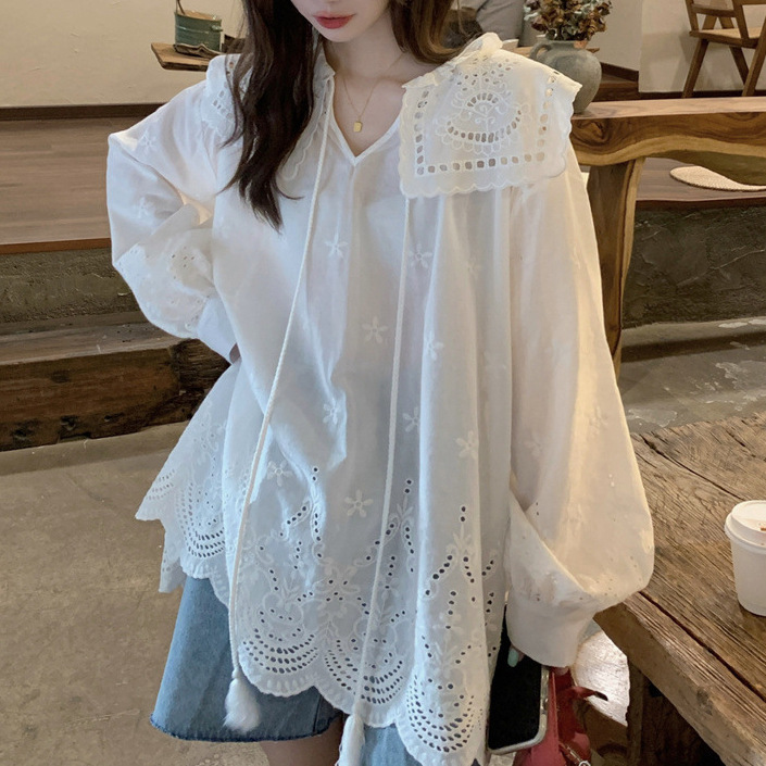 plus size Lace Shirt White Hollow-out Embroidered Tassel Doll Collar Lazy Sun-protective Clothing Women's Outer-wear Long-sleeved Super Fairy Shirt
