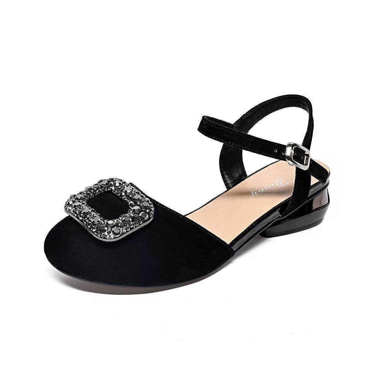 Sandal nữ da thật mũi trùm gót vuông khóa vuông đế mềm chống trượt — màu đen