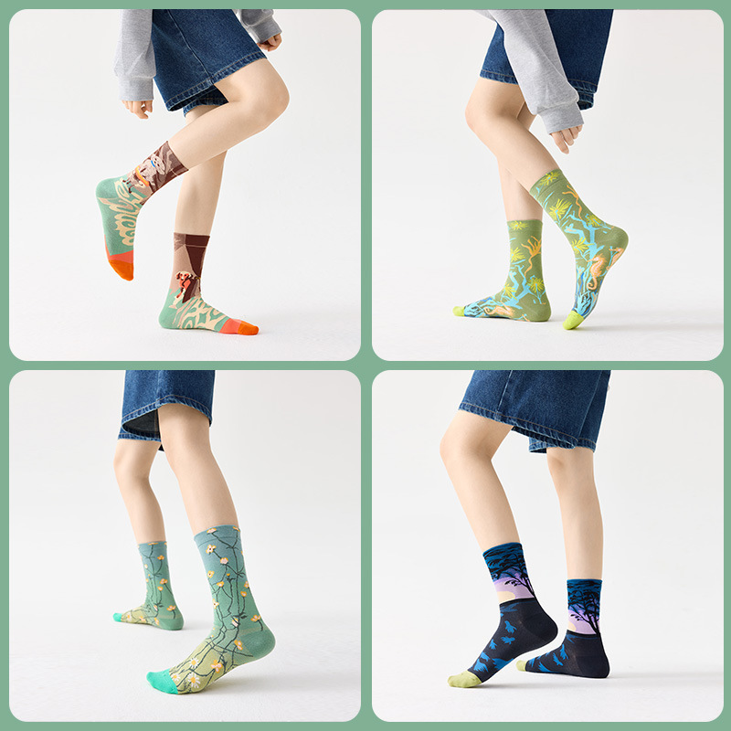 [Oil Painting] French fashion trend women's long socks, men's sweat-absorbing and breathable combed cotton couple socks, trendy on Instagram