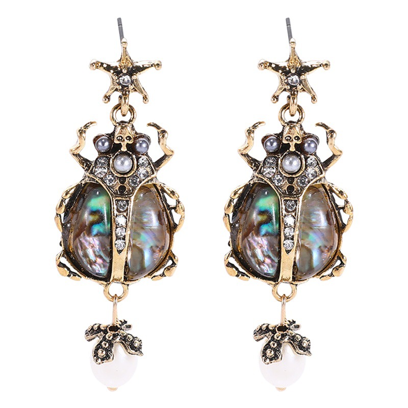 Europa y América nueva serie Animal creativo escarabajo perla diamante Pendientes de broche vintage barroco fábrica al por mayor