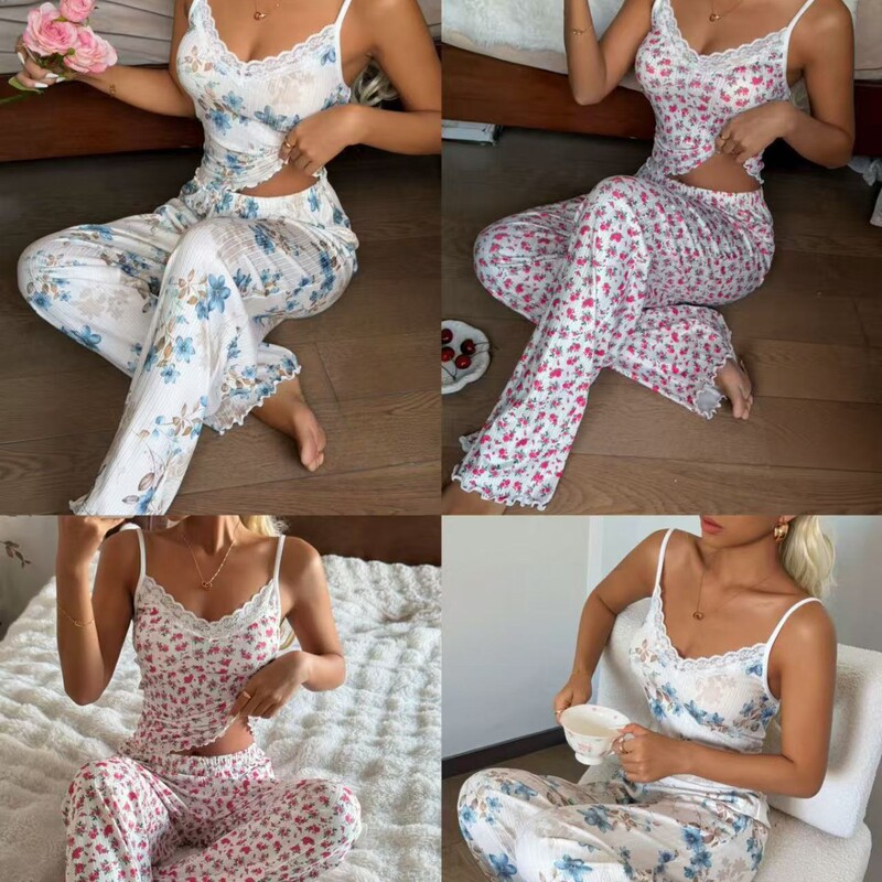 2026 Women's Elegant Casual Sleepwear 2-Piece Set with Floral Patterns and Suspenders for Women's Loungewear 2026 Women's Elegant Casual Sleepwear 2-Piece Set with Floral Patterns and Suspenders for Women's Loungewear