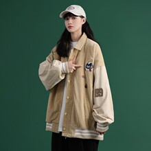 日系灯芯绒外套女生春秋新款宽松小熊刺绣情侣棒球服学生拼色夹克