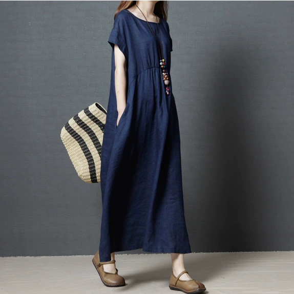 Новое свободное женское платье больших размеров в Корейском стиле, модное льняное длинное однотонное платье
