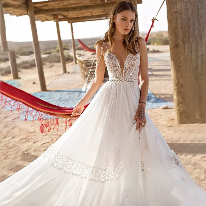 Cross-border factory direct sales bohemian beach sleeveless wedding dress chiffon lace applique dress backless self-tied sling