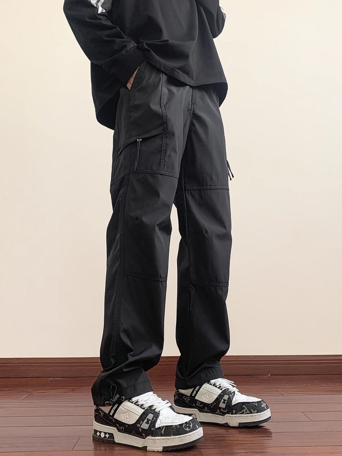 Men's Winter and Autumn Mountain Climbing Functional Work Pants with Fleece and Thickening Straight Leg Loose Casual Long Pants