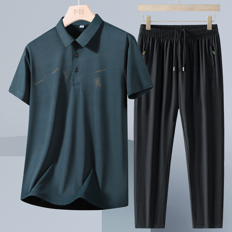 Verano, traje de hombre de seda de hielo, polo de manga corta para hombres de mediana edad, ropa de papá, ropa de negocios, pantalones casuales de secado rápido, dos piezas.