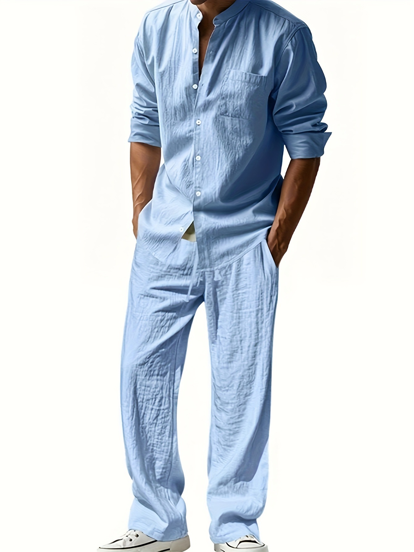 Men's Casual Linen Shirt And Trouser Set All-Season Breathable Loose Fit Long-Sleeved Versatile Cool American Style_viptrois.com