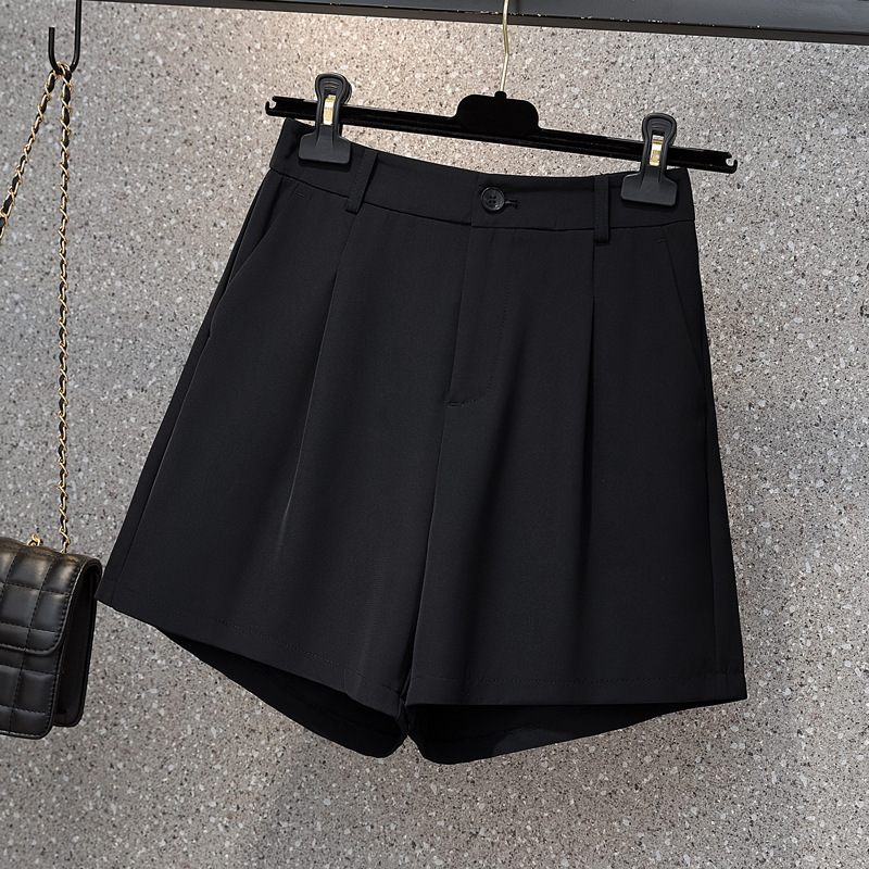 2024 summer plus size women's black chiffon suit shorts elastic waist thin small a-shaped wide leg pants