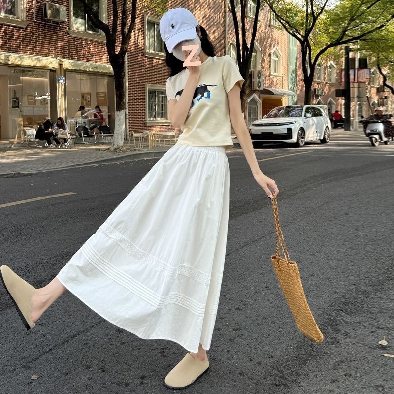 2025春夏百搭松紧腰显瘦韩风气质棉蕾丝拼接大摆半身裙长裙女|undefined