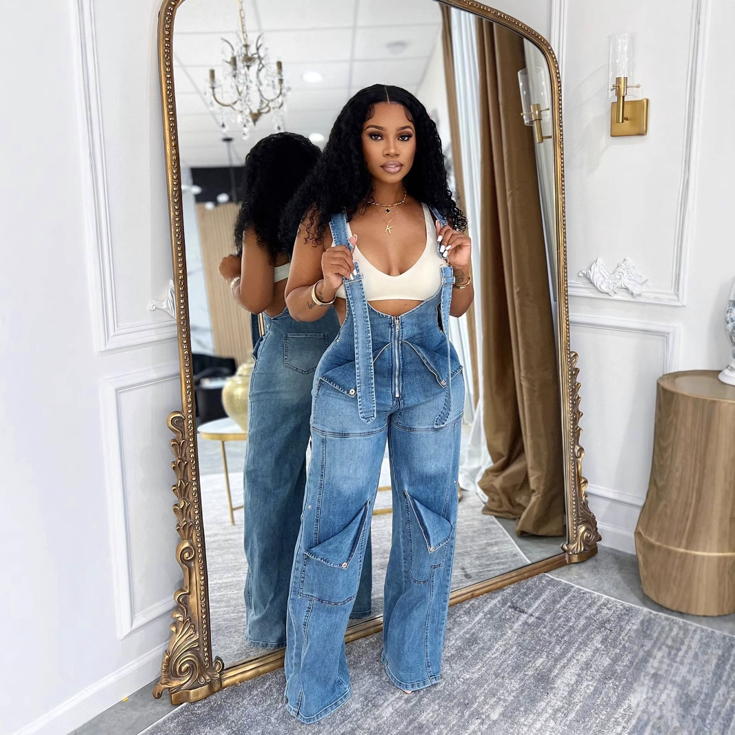 S391400 Cross-border European And American Loose Version High-waisted Denim Overalls, Women's Fashion Casual Wide-leg Jumpsuit_ecoleips.com