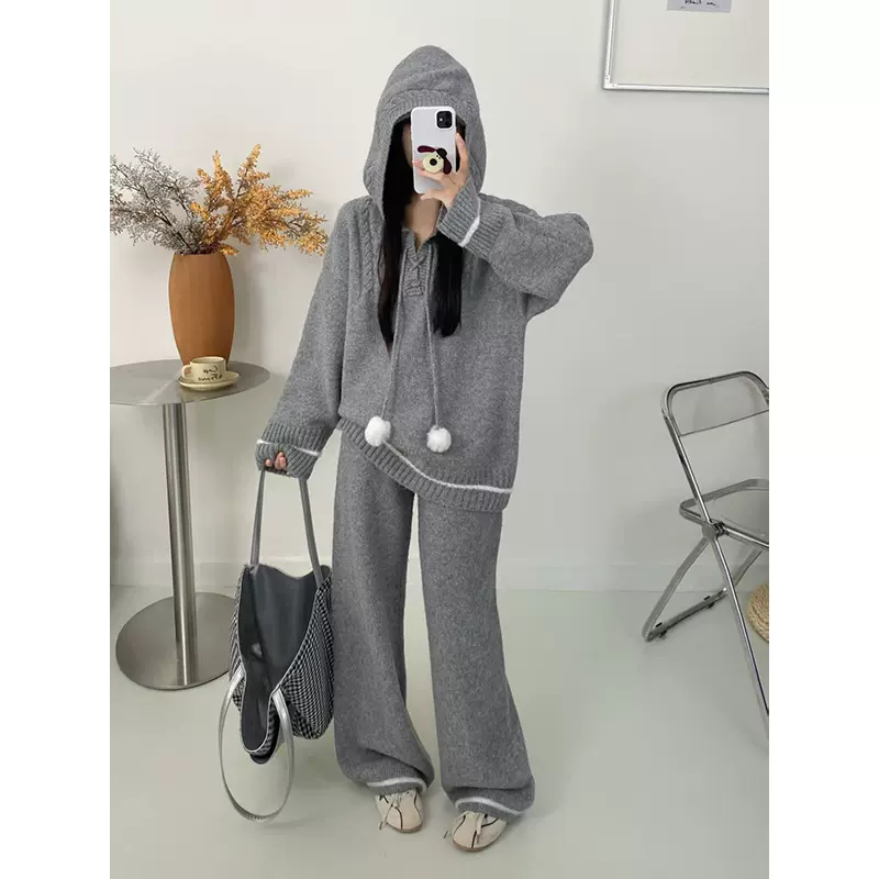 慵懒感复古针织套装女2025秋冬新款连帽套头毛衣休闲阔腿裤两件套
