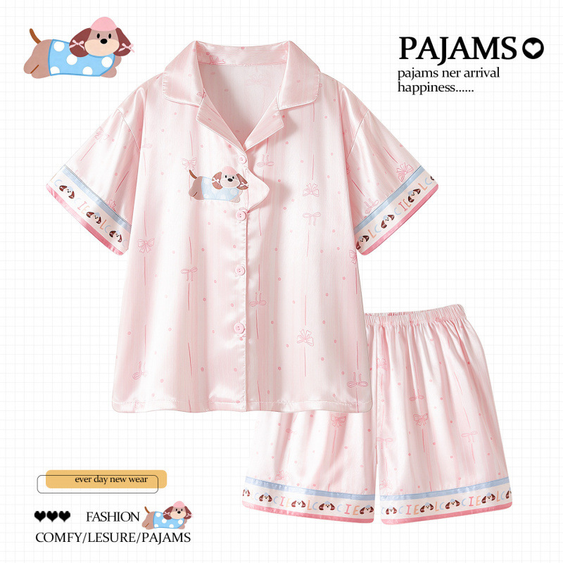 Herringbone Stretch Satin Ice Silk Pajamas New Sweet Style Short-Sleeved Summer and Autumn New Home Wear Set