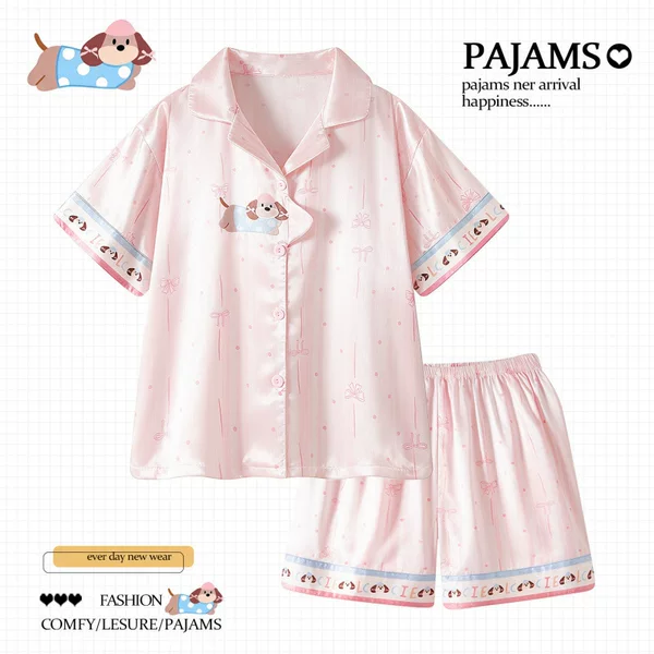 Herringbone Stretch Satin Ice Silk Pajamas New Sweet Style Short-Sleeved Summer and Autumn New Home Wear Set