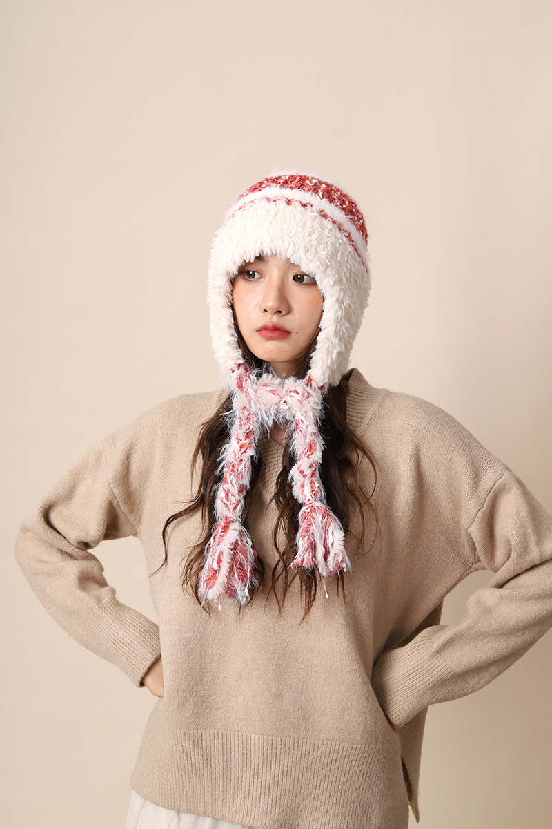 Cappello di lana lavorato a maglia con lacci colorati per donna autunno inverno nuovo caldo protezione per le orecchie e fascia per la testa a strisce colorate_voghion.com
