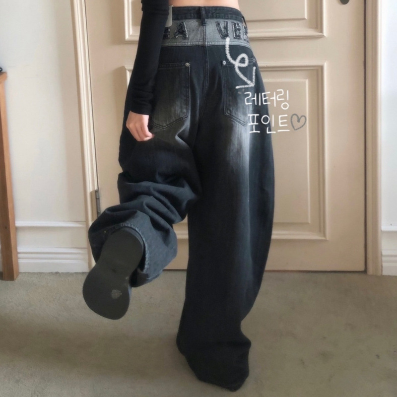 Korean Dongdaemun Ins American Retro Style Letter Design Black and Gray Loose-Fitting Jeans Slimming Long Pants