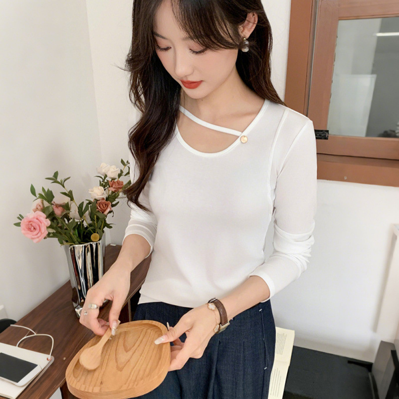 秋季小众简约韩系设计长袖T恤女纯色修身显瘦百搭打底上衣|undefined